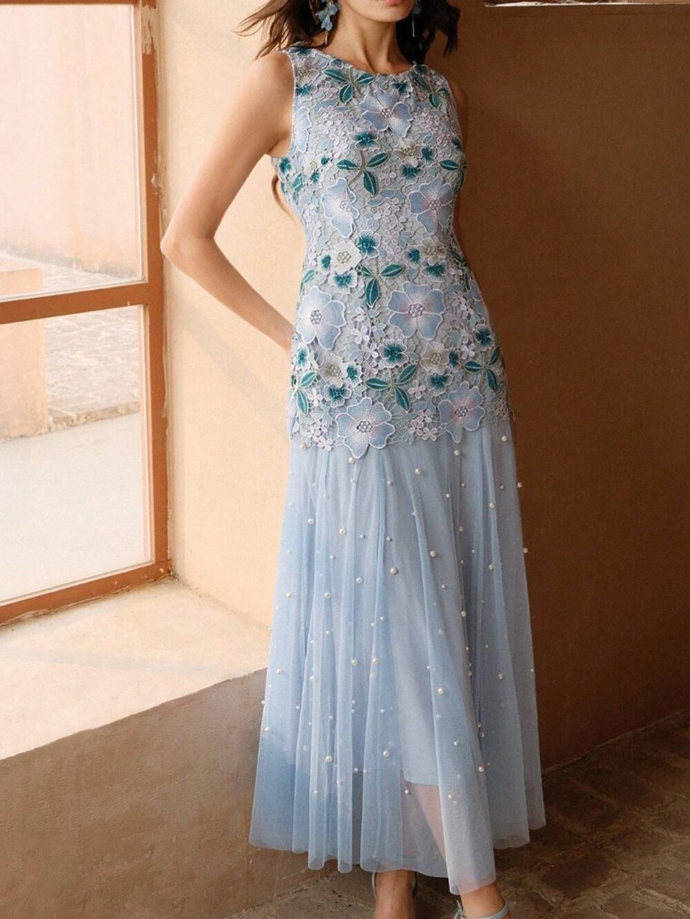 Blue Elegant Women's Colorful Water-Soluble Lace Contrast Mesh Bubble Bead Dress